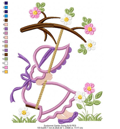 Sunbonnet Sue in the Garden Swing - Applique - Machine Embroidery Design