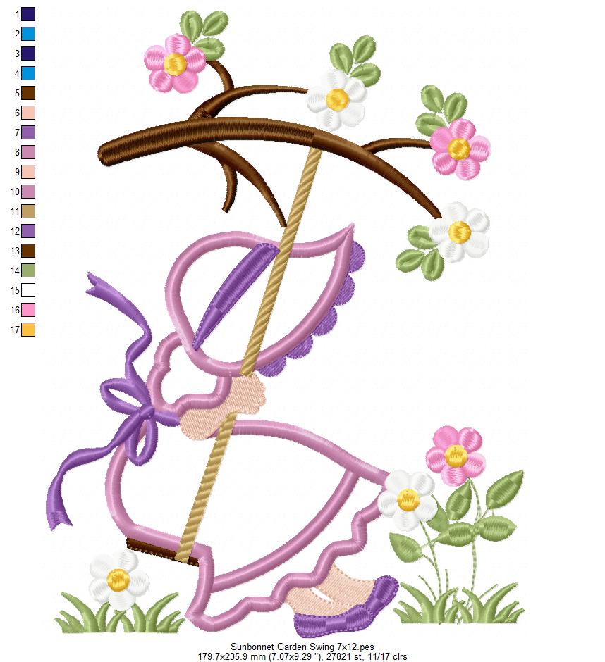 Sunbonnet Sue in the Garden Swing - Applique - Machine Embroidery Design