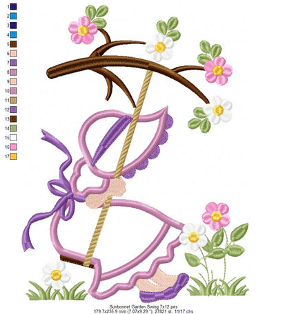 Sunbonnet Sue in the Garden Swing - Applique - Machine Embroidery Design
