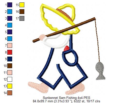 Sunbonnet Sam Fishing - Applique - Machine Embroidery Design