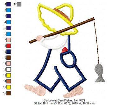 Sunbonnet Sam Fishing - Applique - Machine Embroidery Design