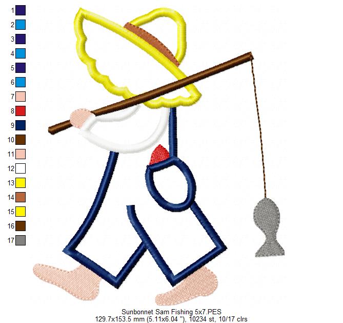 Sunbonnet Sam Fishing - Applique - Machine Embroidery Design