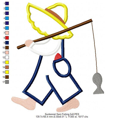 Sunbonnet Sam Fishing - Applique - Machine Embroidery Design