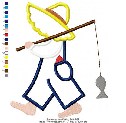 Sunbonnet Sam Fishing - Applique - Machine Embroidery Design