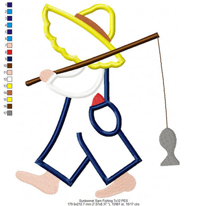 Sunbonnet Sam Fishing - Applique - Machine Embroidery Design