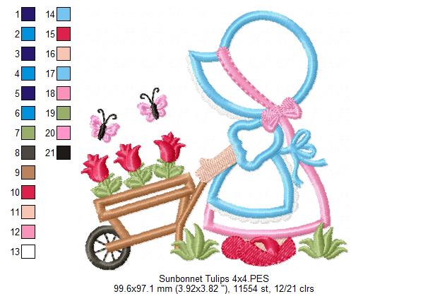 Sunbonnet and Tulips - Applique - Machine Embroidery Design