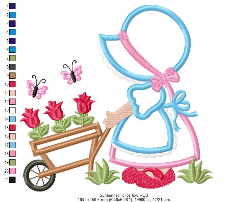 Sunbonnet and Tulips - Applique - Machine Embroidery Design
