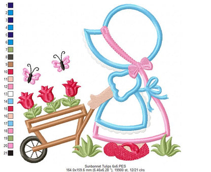 Sunbonnet and Tulips - Applique - Machine Embroidery Design