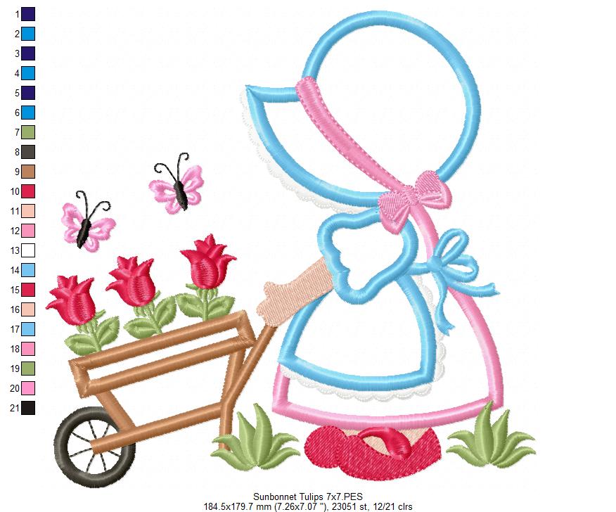 Sunbonnet and Tulips - Applique - Machine Embroidery Design