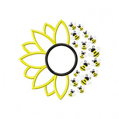 Summer Sunflower and Little Bees - Applique - Machine Embroidery Design
