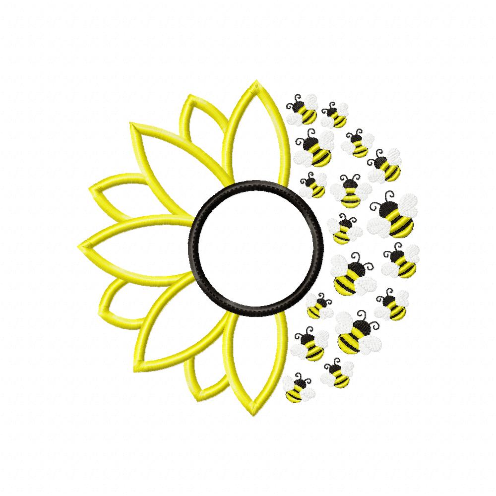 Summer Sunflower and Little Bees - Applique - Machine Embroidery Design
