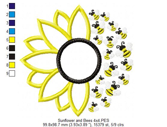 Summer Sunflower and Little Bees - Applique - Machine Embroidery Design