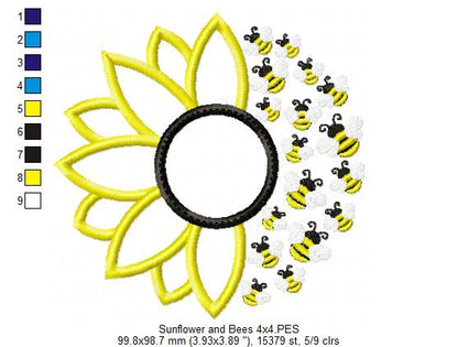 Summer Sunflower and Little Bees - Applique - Machine Embroidery Design
