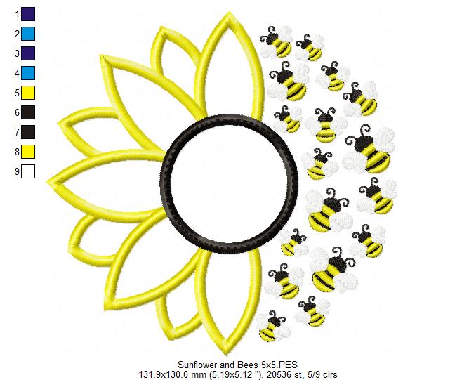 Summer Sunflower and Little Bees - Applique - Machine Embroidery Design