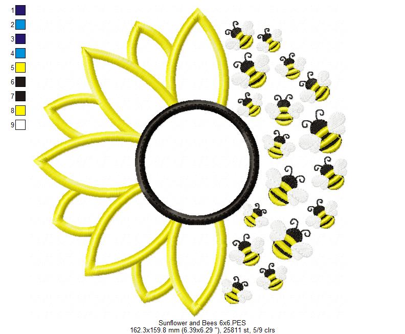 Summer Sunflower and Little Bees - Applique - Machine Embroidery Design