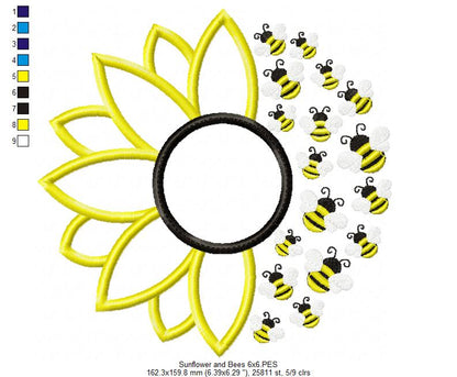 Summer Sunflower and Little Bees - Applique - Machine Embroidery Design