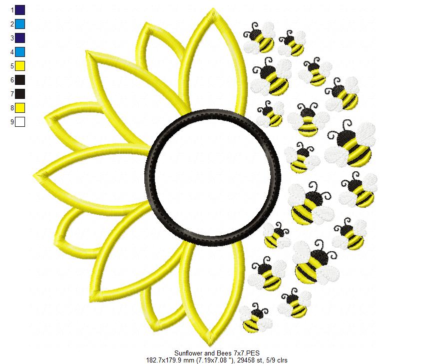 Summer Sunflower and Little Bees - Applique - Machine Embroidery Design