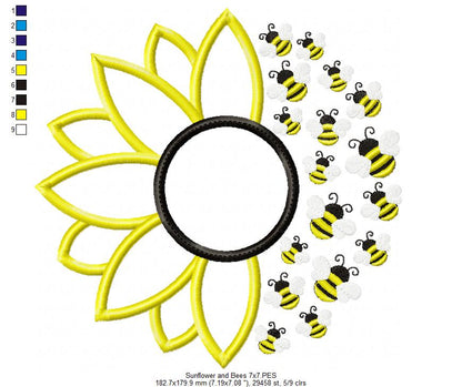 Summer Sunflower and Little Bees - Applique - Machine Embroidery Design