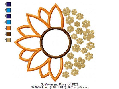 Summer Sunflower and Paws - Applique - Machine Embroidery Design