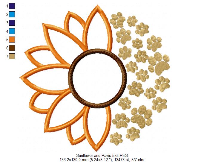Summer Sunflower and Paws - Applique - Machine Embroidery Design