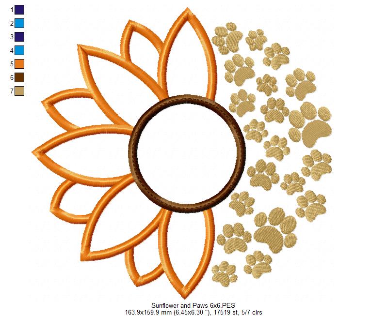 Summer Sunflower and Paws - Applique - Machine Embroidery Design