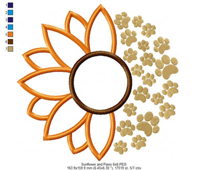 Summer Sunflower and Paws - Applique - Machine Embroidery Design