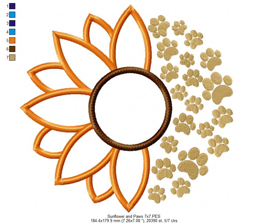 Summer Sunflower and Paws - Applique - Machine Embroidery Design