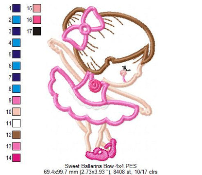 Sweet Little Ballerina with Bow - Applique - Machine Embroidery Design