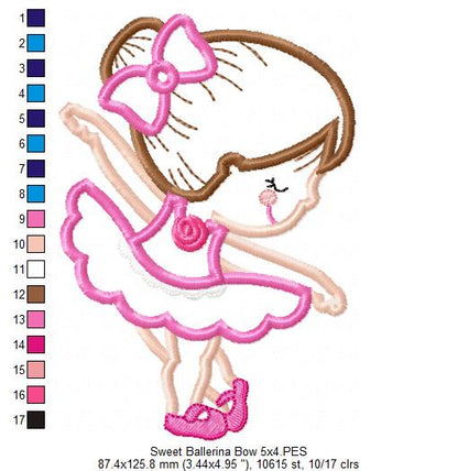 Sweet Little Ballerina with Bow - Applique - Machine Embroidery Design