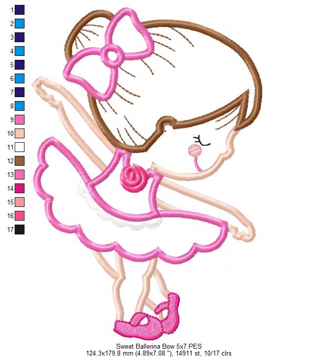 Sweet Little Ballerina with Bow - Applique - Machine Embroidery Design