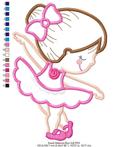 Sweet Little Ballerina with Bow - Applique - Machine Embroidery Design