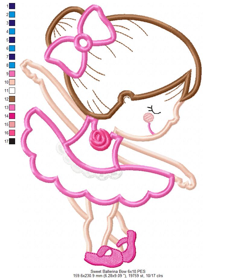 Sweet Little Ballerina with Bow - Applique - Machine Embroidery Design