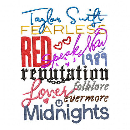 Taylor Swift Eras Tour Album Titles - Fill Stitch - Machine Embroidery Design