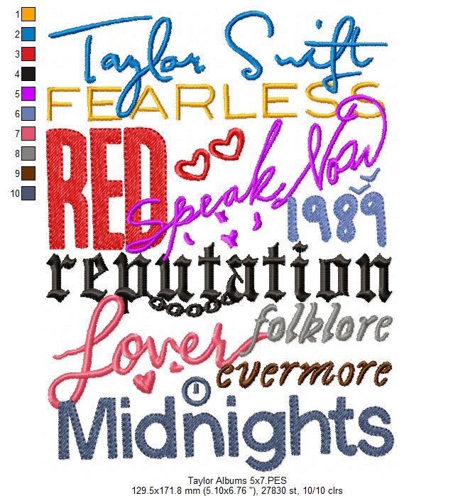 Taylor Swift Eras Tour Album Titles - Fill Stitch