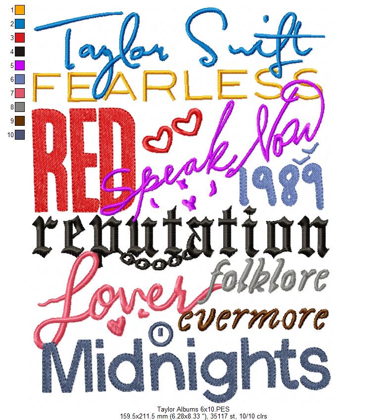 Taylor Swift Eras Tour Album Titles - Fill Stitch - Machine Embroidery Design