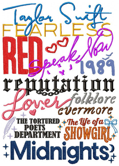 Taylor Swift Complete Album Eras - Fill Stitch - Machine Embroidery Design