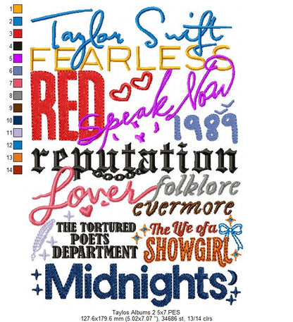 Taylor Swift Complete Album Eras - Fill Stitch - Machine Embroidery Design