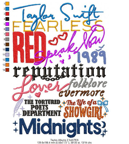 Taylor Swift Complete Album Eras - Fill Stitch - Machine Embroidery Design