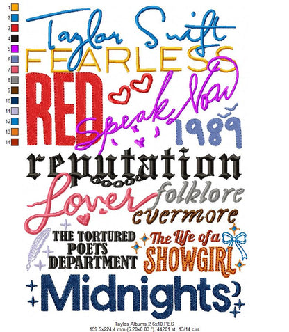 Taylor Swift Complete Album Eras - Fill Stitch - Machine Embroidery Design