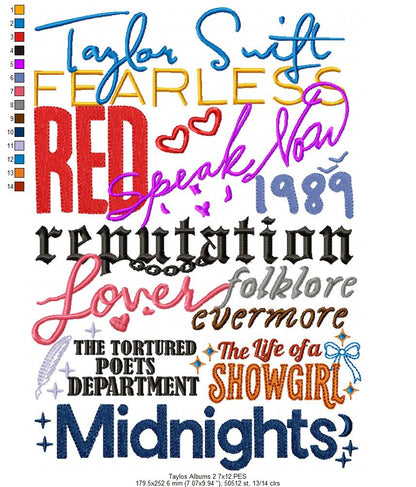 Taylor Swift Complete Album Eras - Fill Stitch - Machine Embroidery Design