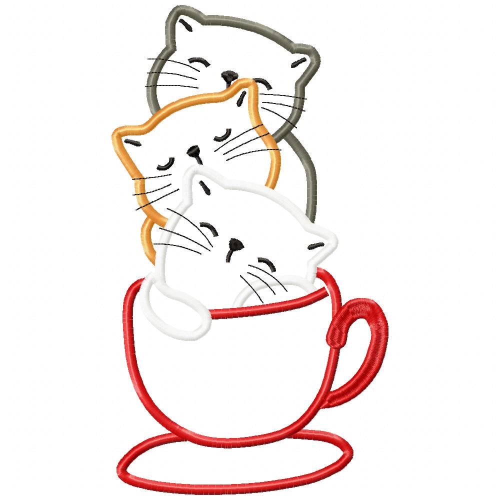 Three Cats in a Tea Cup - Applique Machine Embroidery Design
