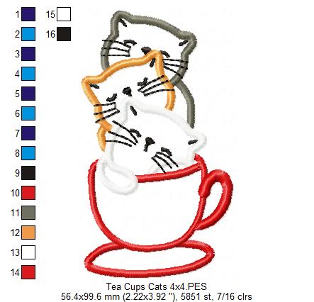 Three Cats in a Tea Cup - Applique Machine Embroidery Design