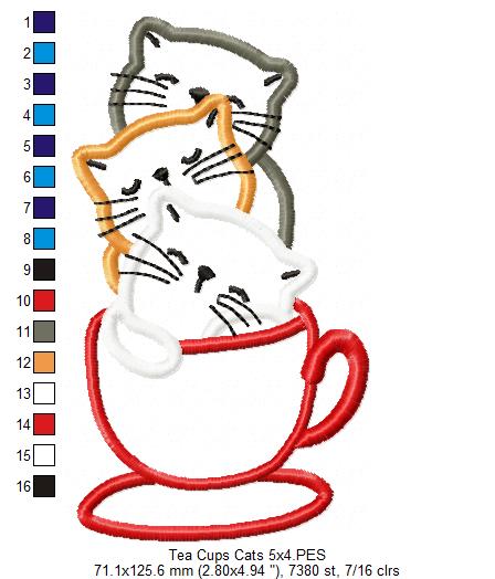 Three Cats in a Tea Cup - Applique Machine Embroidery Design