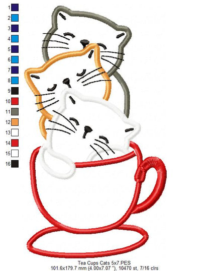 Three Cats in a Tea Cup - Applique Machine Embroidery Design