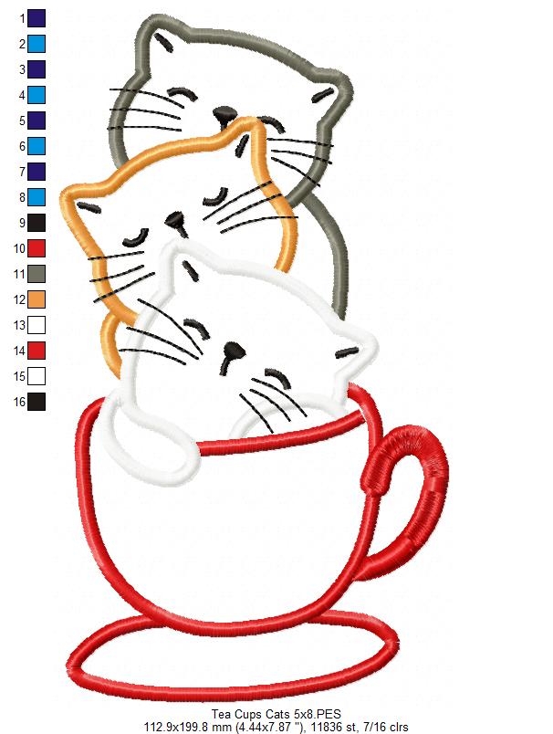 Three Cats in a Tea Cup - Applique Machine Embroidery Design