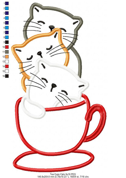 Three Cats in a Tea Cup - Applique Machine Embroidery Design