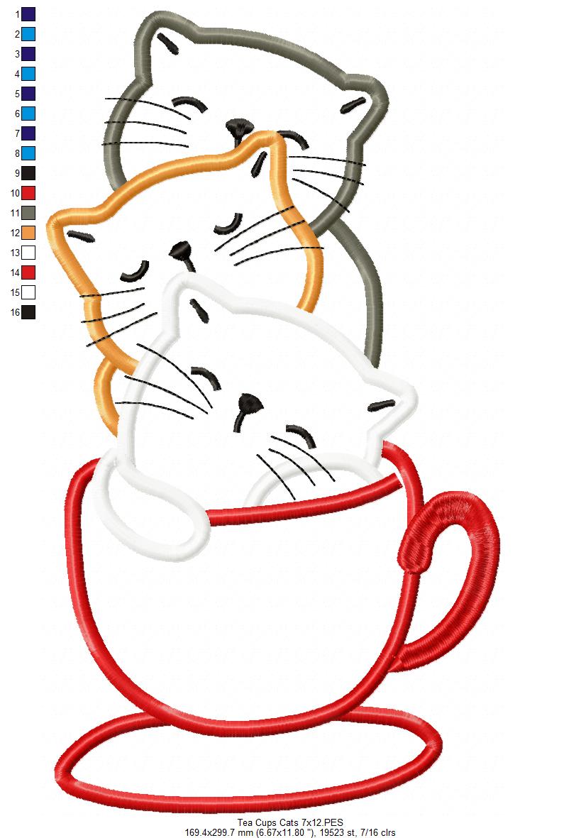 Three Cats in a Tea Cup - Applique Machine Embroidery Design