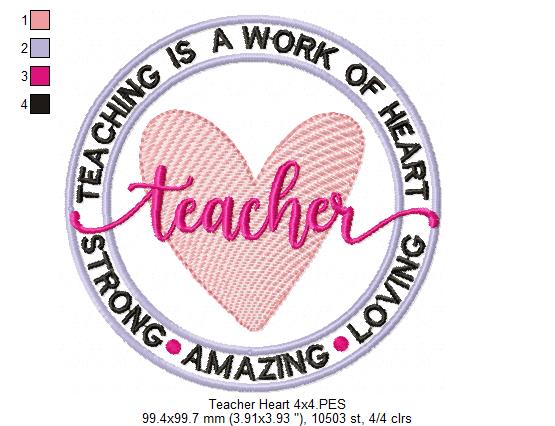 Teaching Is a Work of Heart - Fill Stitch - Machine Embroidery Design