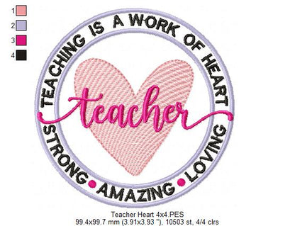 Teaching Is a Work of Heart - Fill Stitch - Machine Embroidery Design