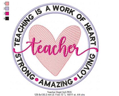 Teaching Is a Work of Heart - Fill Stitch - Machine Embroidery Design